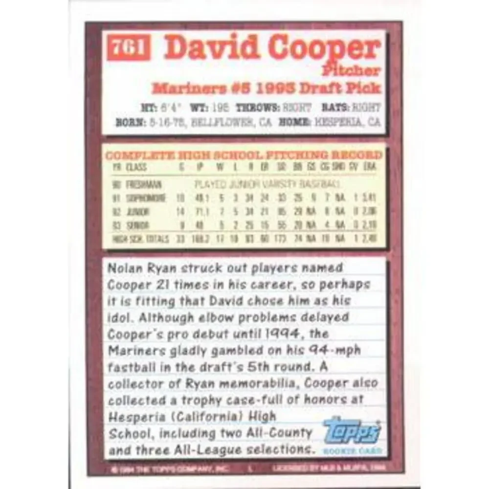 1994 Topps David Cooper DPK, RC # 761 Seattle Mariners